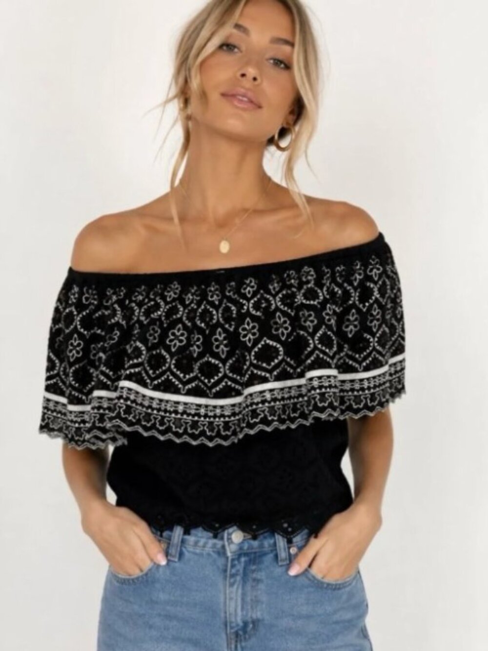 *NWT* Anthropologie Hemant & Nandita Black Embroidered Off-Shoulder Top Boho